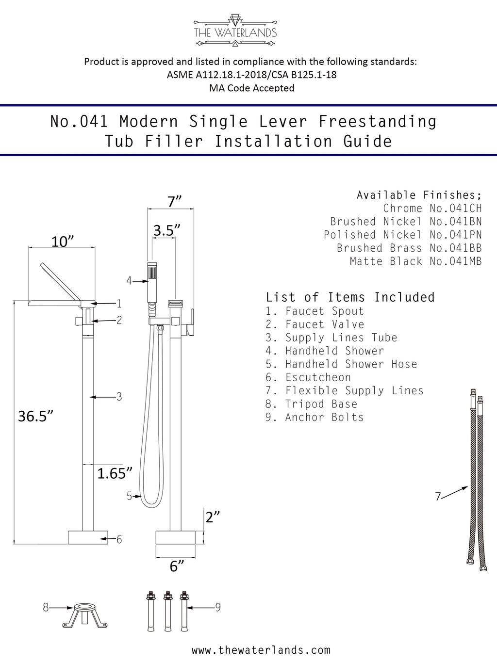 “The Waterlands No.041PC” Freestanding Floor Mounted Tub Faucet in Polished Chrome