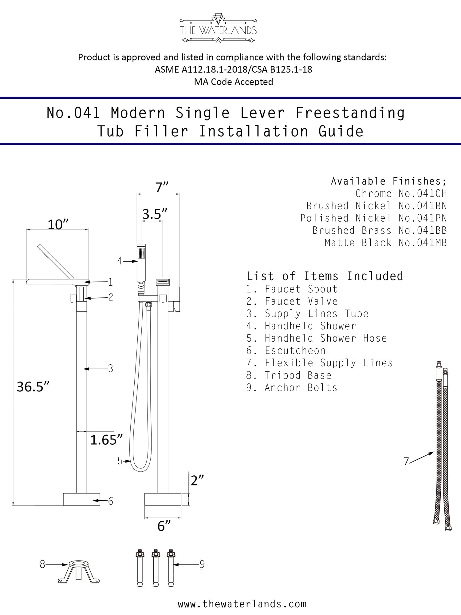 “The Waterlands No.041PC” Freestanding Floor Mounted Tub Faucet in Polished Chrome