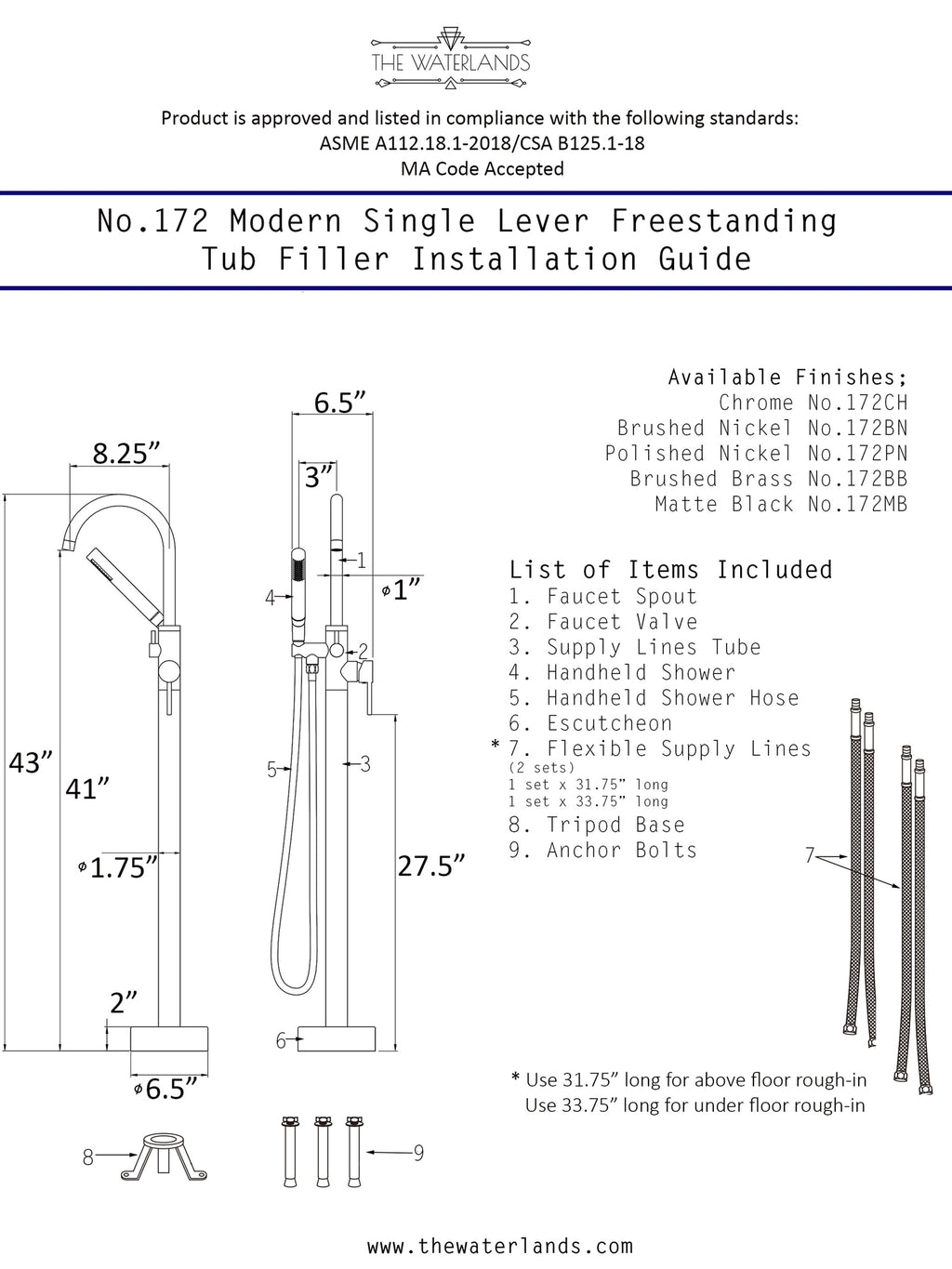 “The Waterlands No.172BB” Freestanding Floor Mounted Tub Faucet in Brushed Brass