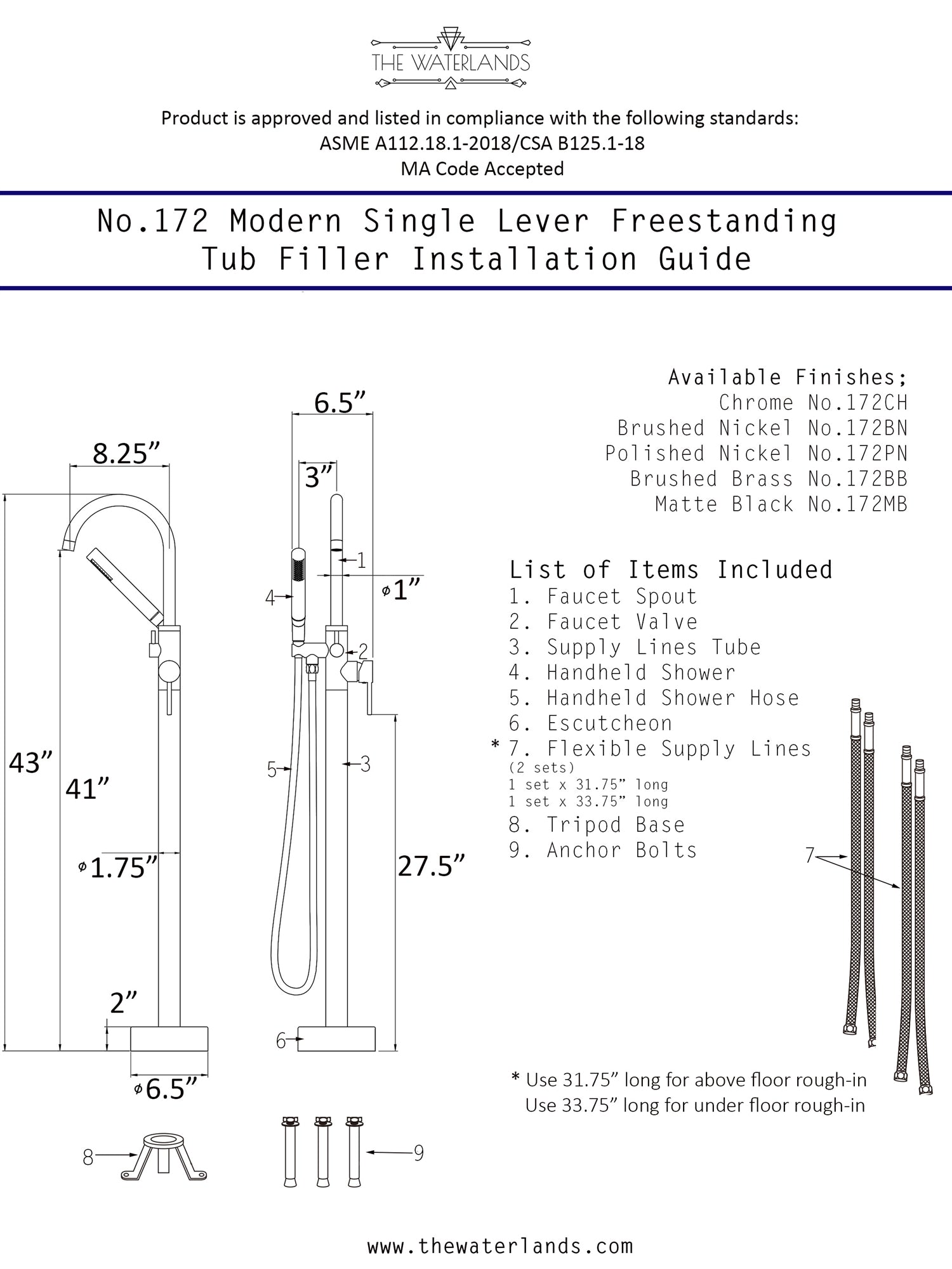 “The Waterlands No.172MB” Freestanding Floor Mounted Tub Faucet in Matte Black