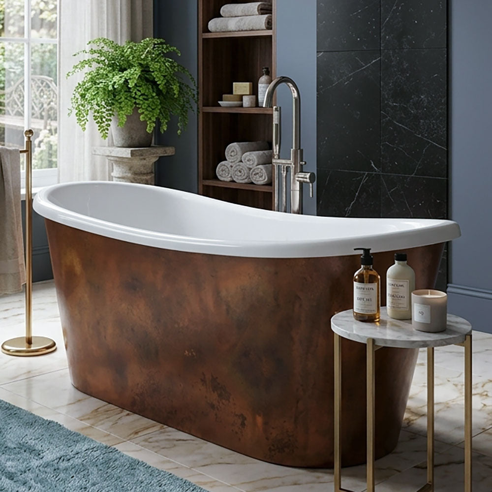59" x 32" Copper Tub “SanSiro Toulon 59ASoak” Copper/CoreAcryl Hybrid in Dark Aged Copper Finish