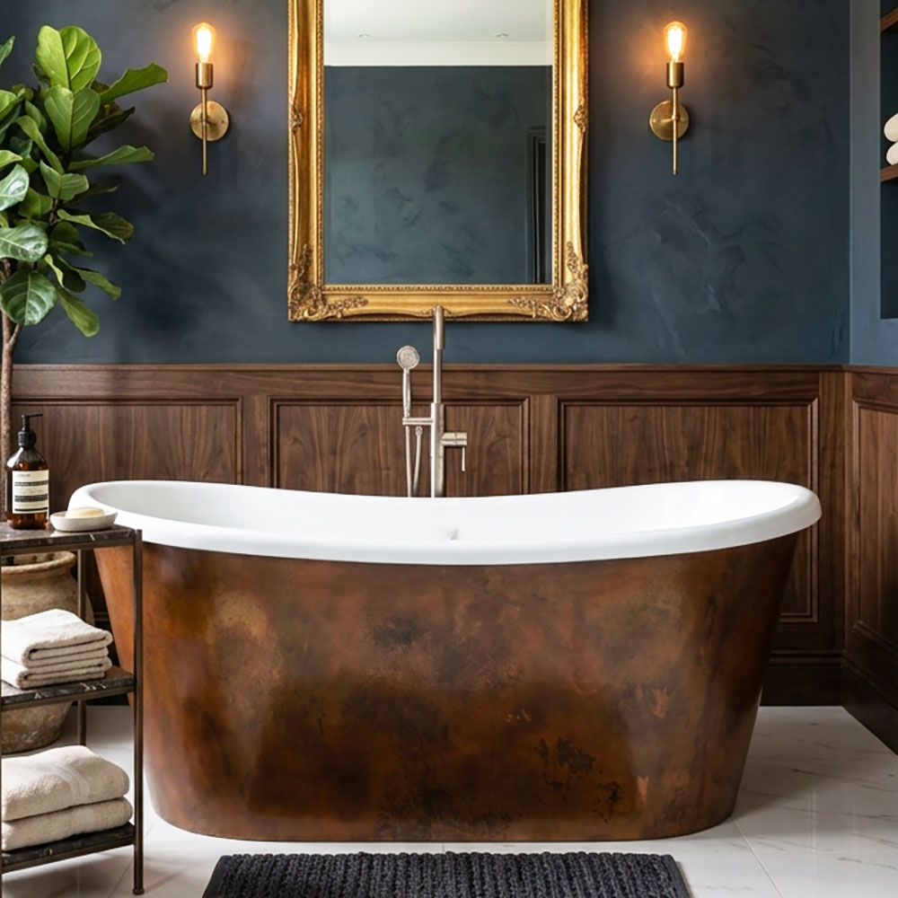 59" x 32" Copper Tub “SanSiro Toulon 59ASoak” Copper/CoreAcryl Hybrid in Dark Aged Copper Finish
