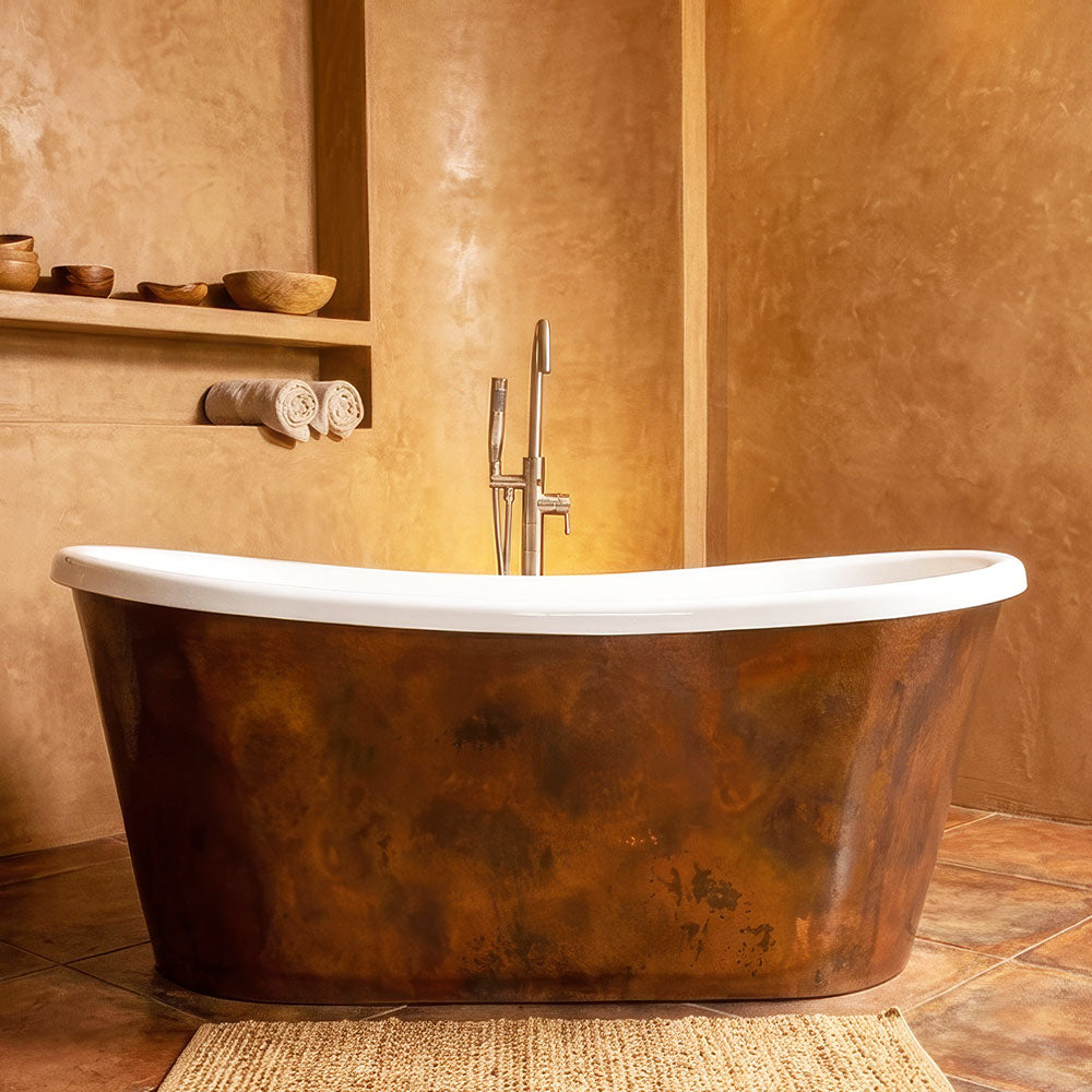 59" x 32" Copper Tub “SanSiro Toulon 59ASoak” Copper/CoreAcryl Hybrid in Dark Aged Copper Finish