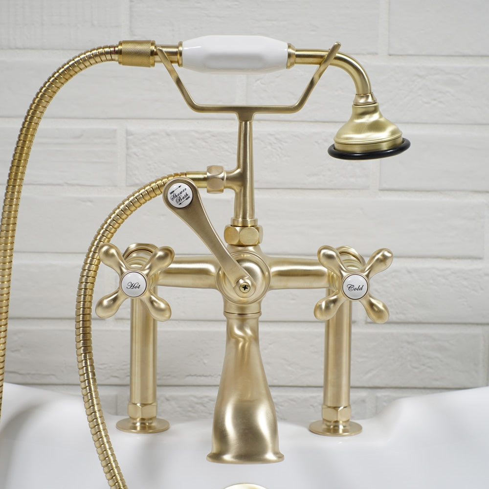 “Victoriana Deck Mounted Tub Faucet” in Brushed Brass