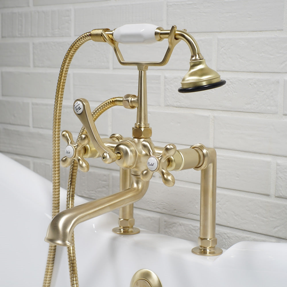 “Victoriana Deck Mounted Tub Faucet” in Brushed Brass
