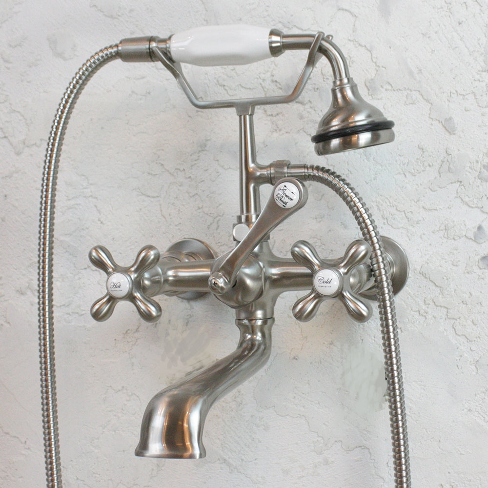 “Victoriana Wall Mount Tub Faucet” in Brushed Nickel