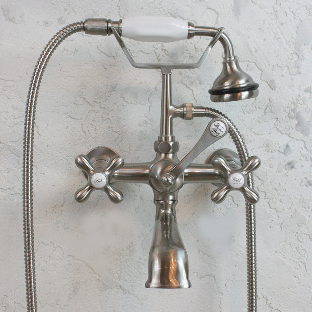 “Victoriana Wall Mount Tub Faucet” in Brushed Nickel