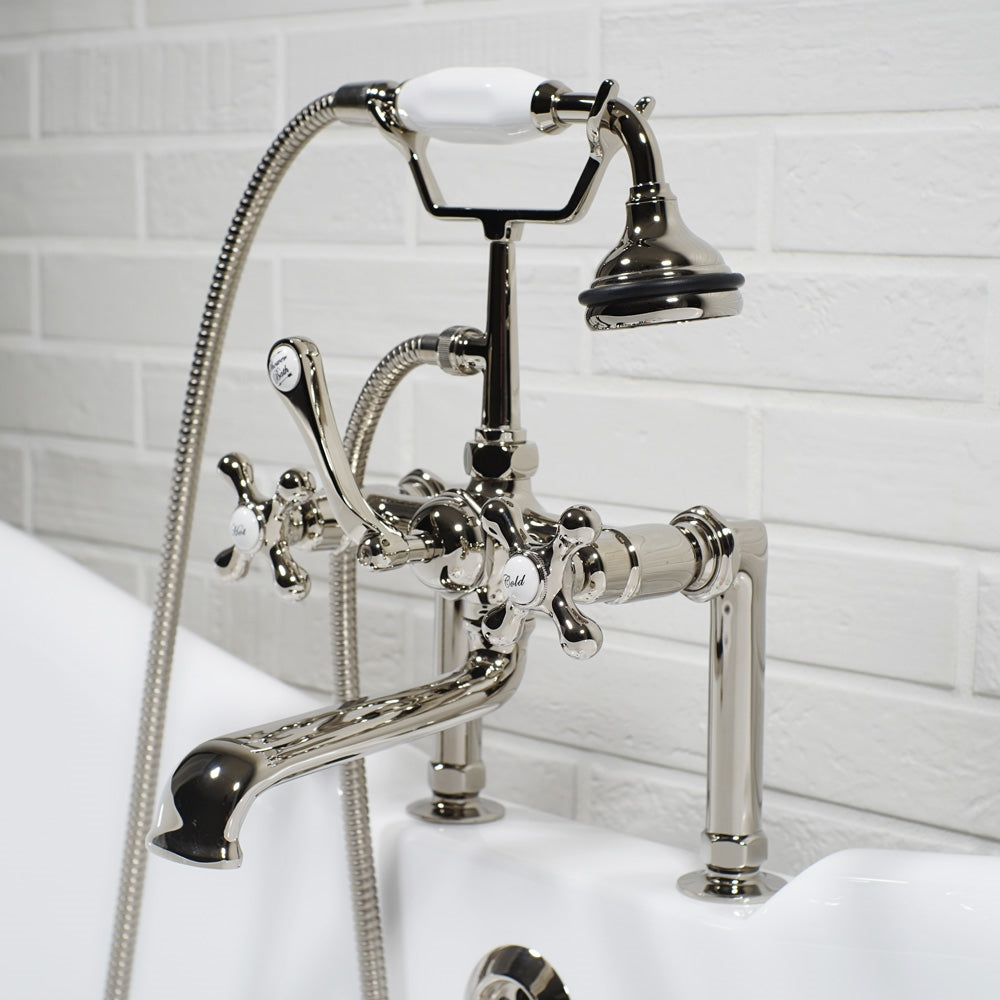 “Victoriana Deck Mount Tub Faucet” in Polished Nickel