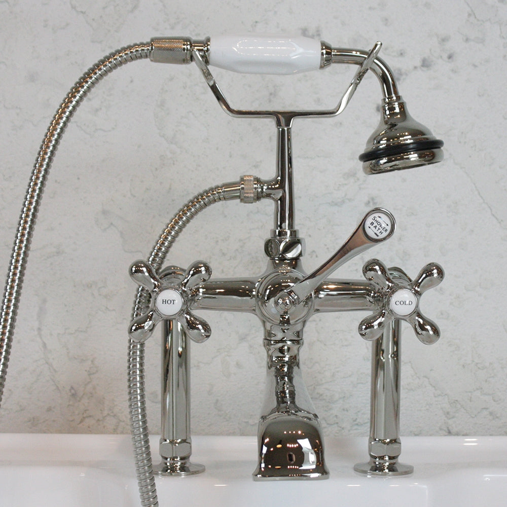 “Victoriana Deck Mount Tub Faucet” in Polished Nickel
