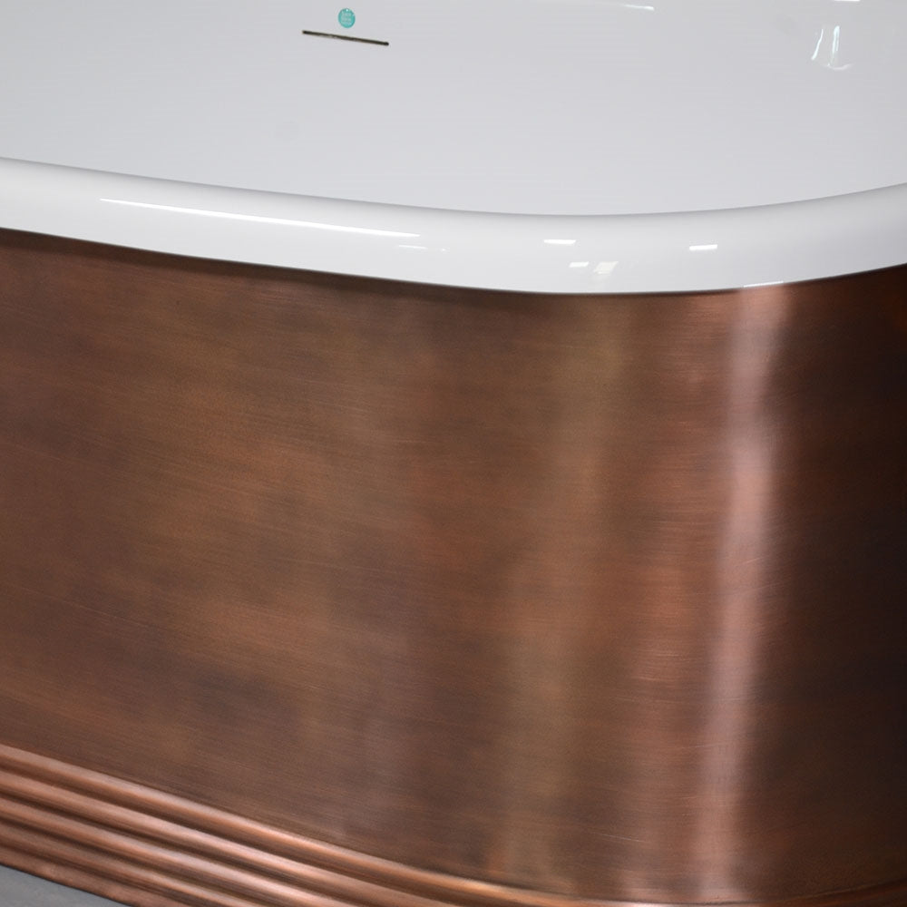“SanSiro Marseille W59LA” 59 Inch “Water Jetted” Lightly Aged Solid Copper Shell French Bateau Bathtub with 3/4" Thick CoreAcryl Acrylic Interior