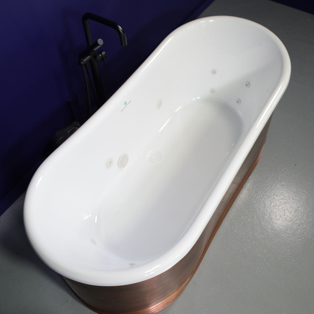 “SanSiro Marseille W67LA” 67 Inch “Water Jetted” Lightly Aged Solid Copper Shell French Bateau Bathtub with 3/4" Thick CoreAcryl Acrylic Interior