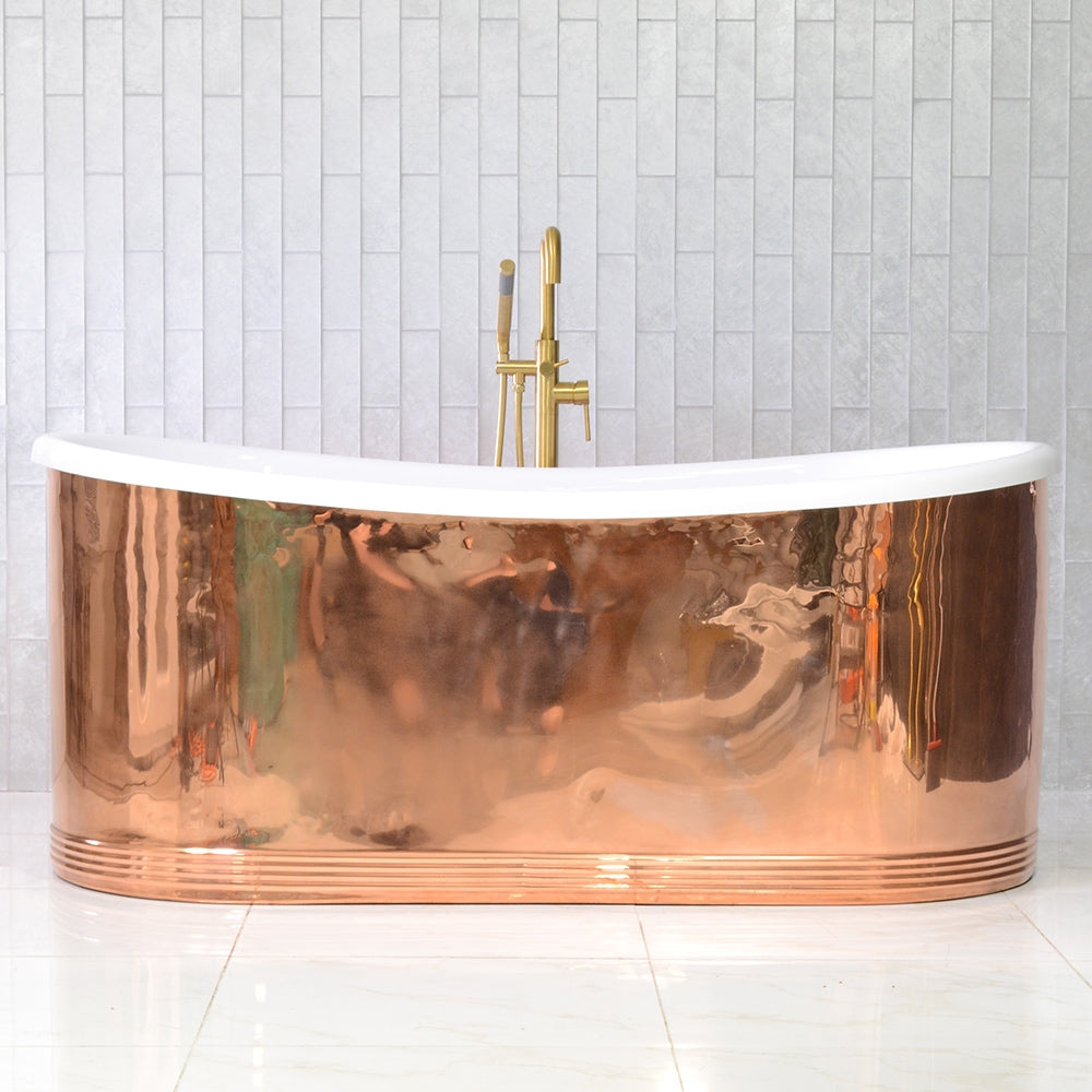 “SanSiro Marseille W67PC” 67 Inch “Water Jetted” Mirror Polished Solid Copper Shell French Bateau Bathtub with 3/4" Thick CoreAcryl Acrylic Interior
