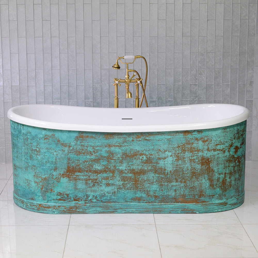 “SanSiro Marseille W73VG” 73 Inch “Water Jetted” Verdigris Aged Solid Copper Shell French Bateau Bathtub with 3/4" Thick CoreAcryl Acrylic Interior