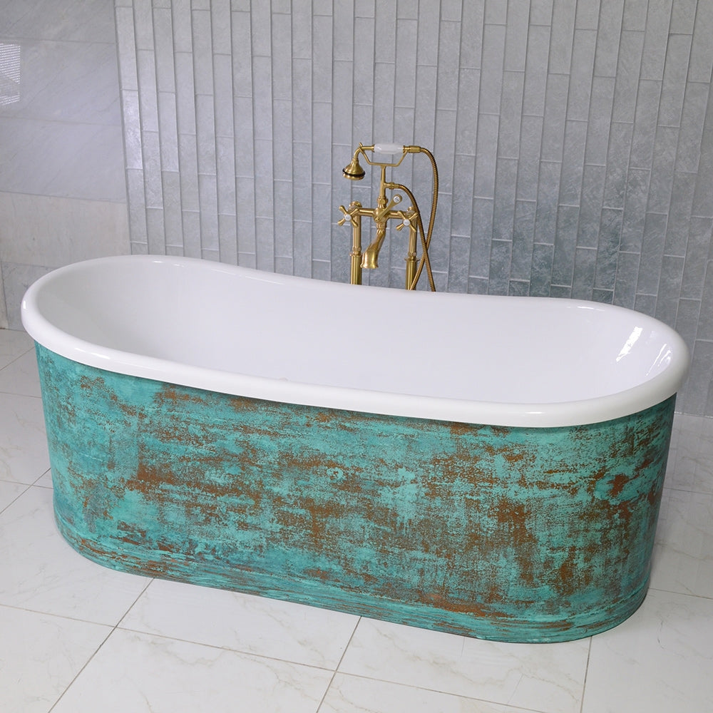 “SanSiro Marseille W73VG” 73 Inch “Water Jetted” Verdigris Aged Solid Copper Shell French Bateau Bathtub with 3/4" Thick CoreAcryl Acrylic Interior