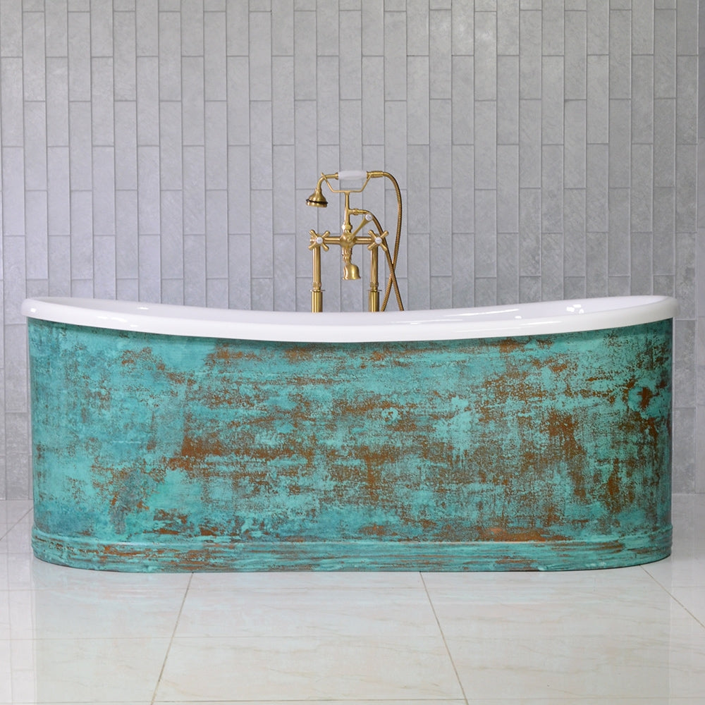 “SanSiro Marseille W73VG” 73 Inch “Water Jetted” Verdigris Aged Solid Copper Shell French Bateau Bathtub with 3/4" Thick CoreAcryl Acrylic Interior