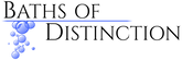 Logo for 'Baths of Distinction' with blue bubbles on a white background